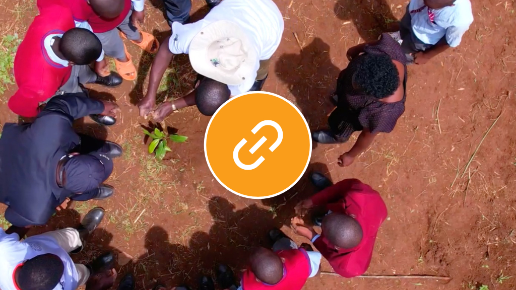 A man demonstrates planting a tree sapling to a group of youngsters